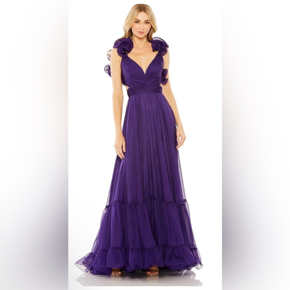 Mac Duggal 70254 Chiffon Sleeveless Cut-Out Strappy Back Tiered Ruffle Gown